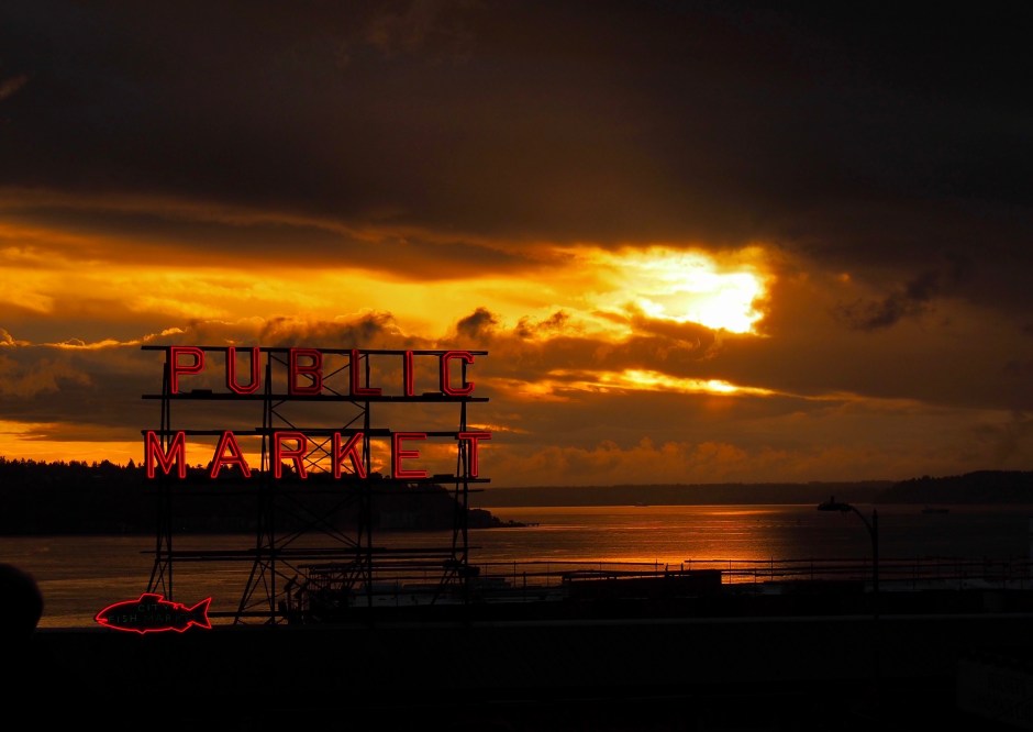 Sunset on Pacfic Northwest Ocean, Seattle Fish Market, Public Market Sign